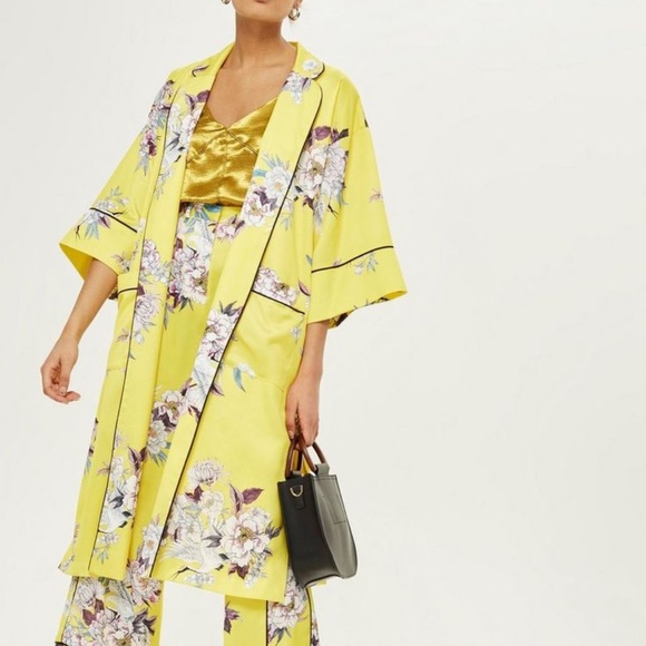 Topshop - Heron Print Yellow 3/4 Sleeve Kimono Jacket